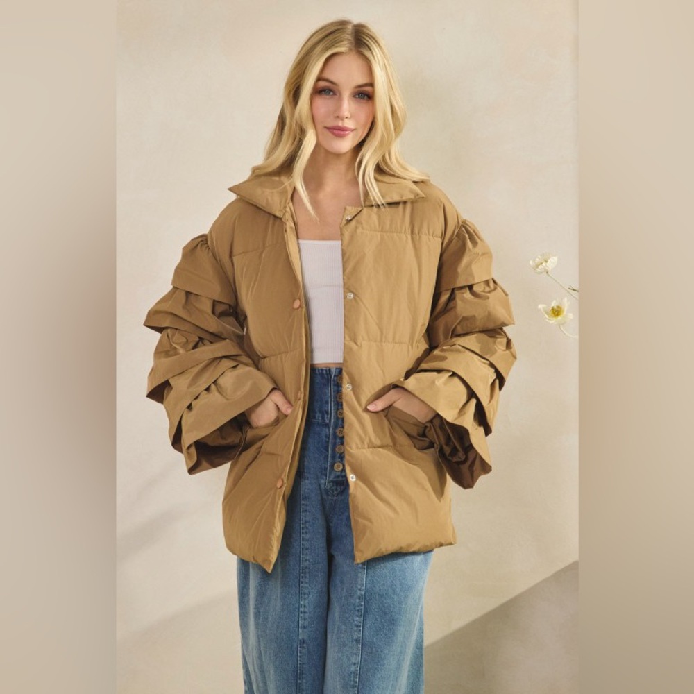#116 Ruffle Mocha Puffer Jacket - Picture 1 of 6